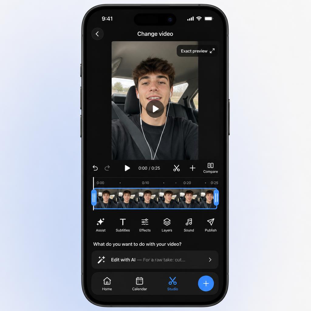 Lock In's Studio editor: video preview, trimming, captions, AI editing, publishing